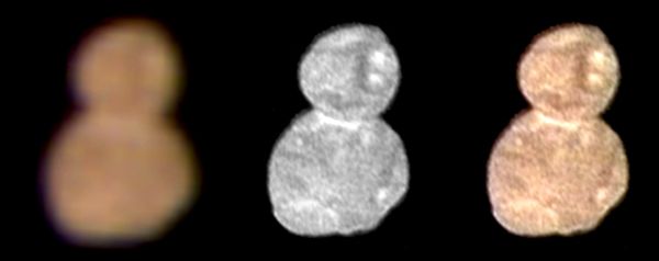 The reddish hue of Ultima Thule is revealed in these snapshots taken by two cameras aboard NASA's New Horizons spacecraft...on January 1, 2019 (EST).
