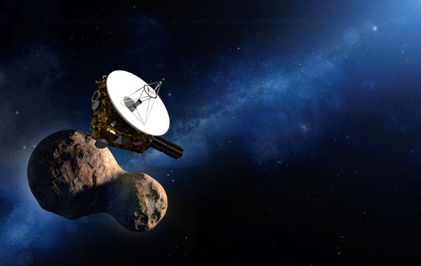An artist's concept of the New Horizons spacecraft exploring Ultima Thule. Notice how accurate the depiction of the KBO is in this artwork (which was created well before yesterday's flyby) prior to its photographic unveiling by NASA on January 2, 2019.