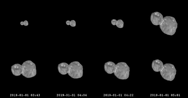These images were used to create an animation demonstrating Ultima Thule's rotation on January 1, 2019...as seen by the Long Range Reconnaissance Imager on the New Horizons spacecraft.