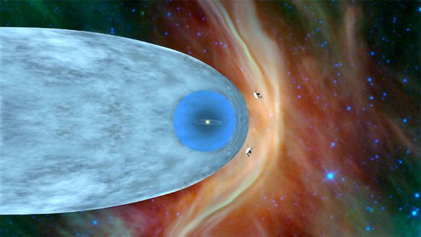 An illustration depicting the twin Voyager spacecraft outside the Sun's heliosphere, and inside interstellar space.