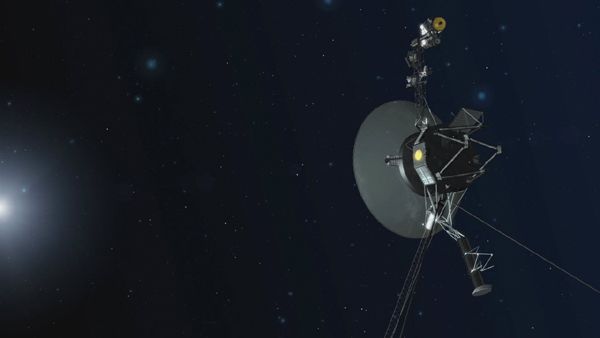 An artist's concept of a Voyager spacecraft venturing through the cosmos.