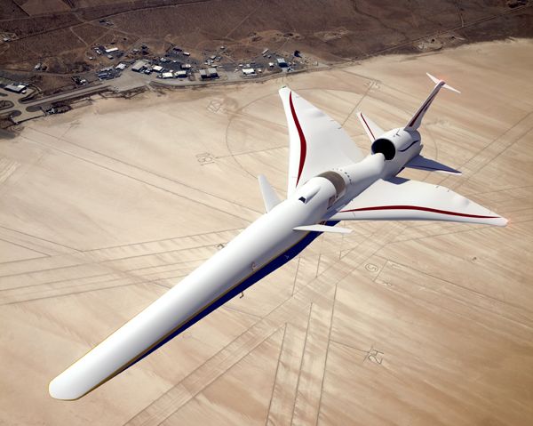 A composite image depicting the X-59 QueSST aircraft soaring above NASA's Armstrong Flight Research Center at Edwards Air Force Base in California.
