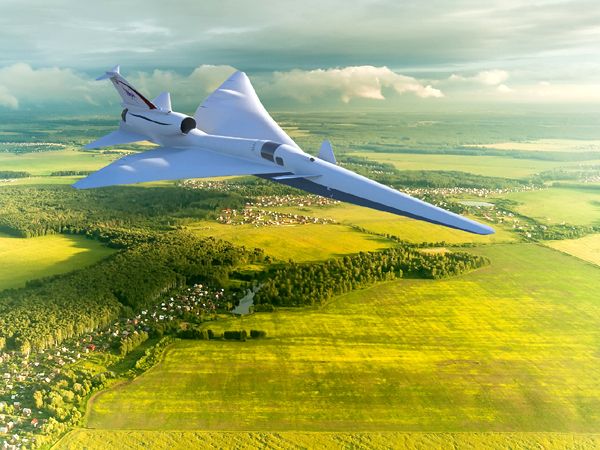 An artist's concept of NASA's X-59 QueSST aircraft flying over a rural community in the United States.
