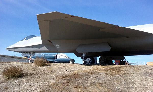 The YF-23 Gray Ghost  (with the A-4A Skyhawk visible underneath it) on display at the Western Museum of Flight in Torrance, CA...on November 23, 2016.