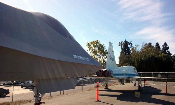The YF-23 Gray Ghost on display (with the NASA T-38 Talon in front of it) at the Western Museum of Flight in Torrance, CA...on November 23, 2016.