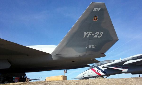 The YF-23 Gray Ghost on display (with the F-14 Tomcat in the background) at the Western Museum of Flight in Torrance, CA...on November 23, 2016.