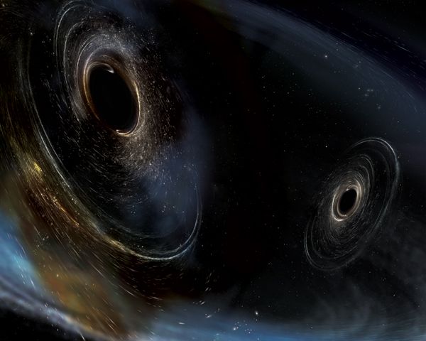 An artist's concept of two black holes about to merge together in the universe.