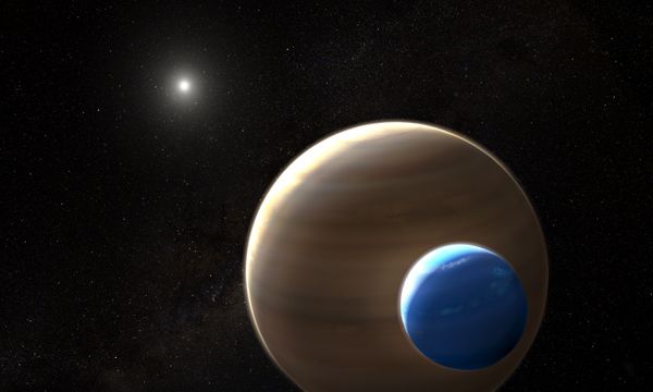 An artist's concept of a Neptune-size moon orbiting the giant exoplanet Kepler-1625b.