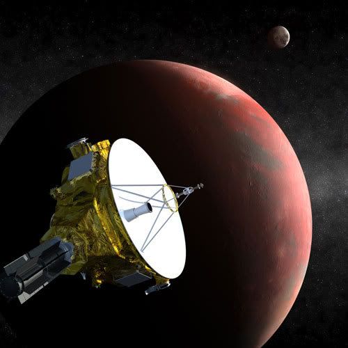 An artist's concept showing the New Horizons spacecraft soaring past Pluto.