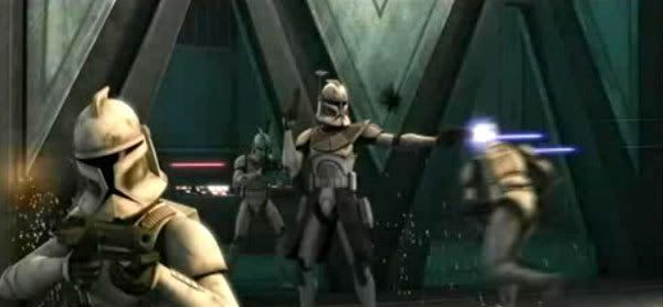 Clonetroopers fire on an unseen enemy (most likely droids) in STAR WARS: THE CLONE WARS.