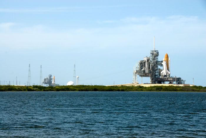 Space shuttle Endeavour (left) joins her sister Atlantis (right) at Launch Complex 39, on April 17, 2009.