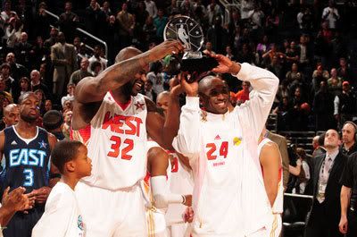 Co-MVPs Shaquille O'Neal and Kobe Bryant of the Western Conference hold up the trophy after the West defeated the East in the 58th NBA All-Star Game, on February 15, 2009 in Phoenix, Arizona.