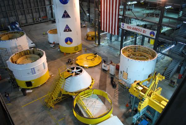 Assembly continues on the upper stage simulator of the Ares I-X rocket, inside Kennedy Space Center's Vehicle Assembly Building (VAB).