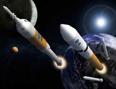 An artist's concept of the Ares I and Ares V launch vehicles.