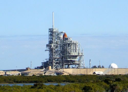 Space shuttle Discovery as seen from the LC-39 Observation Gantry, 3 miles away.