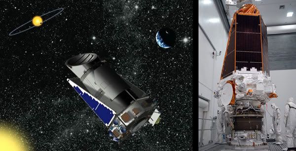 LEFT PIC: Artist's concept of the KEPLER spacecraft.  RIGHT PIC: The Kepler spacecraft after it is attached to its third stage booster at Cape Canaveral, Florida.