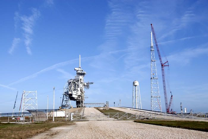 One of three lighning towers stand completed as construction continues at Launch Complex 39-B.  39-B is undergoing modifications as it will become the launch site for the Ares I rocket, which will replace the space shuttle in 2015.