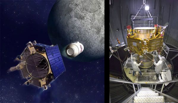 LEFT PIC: Artist's concept of LCROSS at the Moon.  RIGHT PIC: LCROSS undergoing tests inside a thermal vacuum chamber.