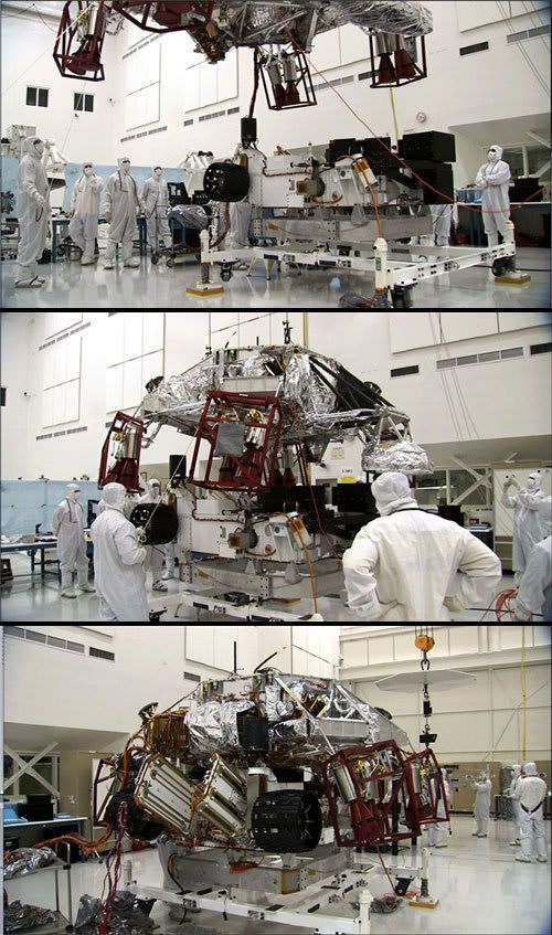 In these three photos, engineers at NASA's Jet Propulsion Laboratory attach the Mars Science Laboratory (MSL) to its descent stage during a fitting test.