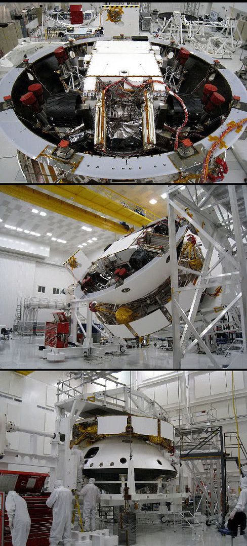 In these three photos, MSL and its descent stage are placed inside the back shell and cruise stage that will take the rover to Mars after launch in October, 2009.