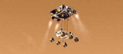 Computer-generated artwork showing the MARS SCIENCE LABORATORY (MSL) being lowered onto the Martian surface by its descent stage.