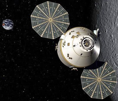 An artist's concept of the Orion spacecraft orbiting the Moon.