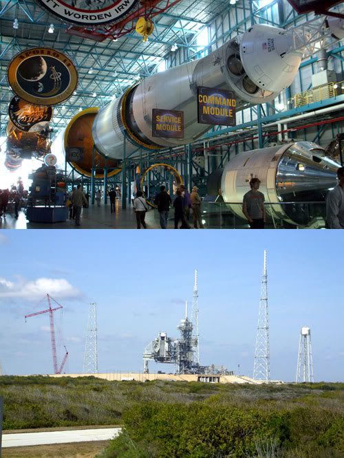 TOP PIC: An actual Saturn V rocket.  BOTTOM PIC: Launch Complex 39B.