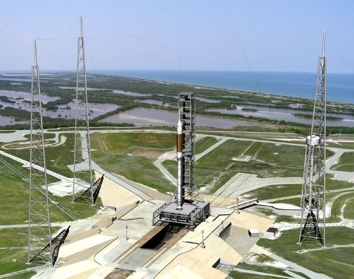 An artist's concept of an Ares I rocket at Launch Complex 39-B.