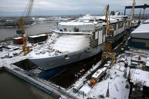The OASIS OF THE SEAS oceanliner, which will become the largest cruise ship in the world after completion this year, undergoes construction in Finland.