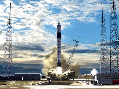 An artist's concept of the Falcon 9 rocket lifting off from Cape Canaveral in Florida.