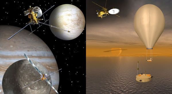 Artist concepts of proposed missions to the Jupiter system (left) and the Saturn system (right).