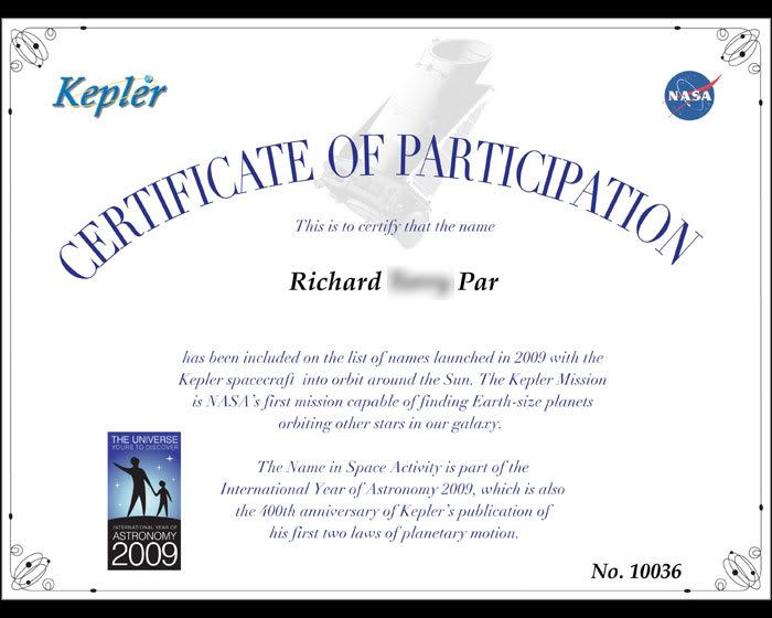 My 'Name In Space' certificate.