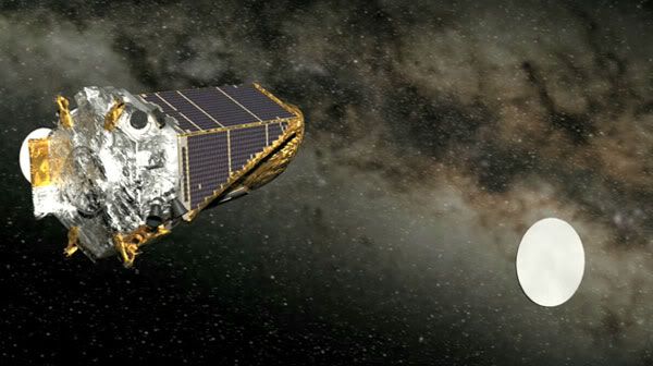 With the core of the Milky Way galaxy in the distance, the KEPLER spacecraft drifts away after its dust cover (on the right) is jettisoned on April 7, 2009.
