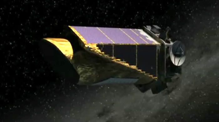 A computer-generated image of the Kepler telescope in space.