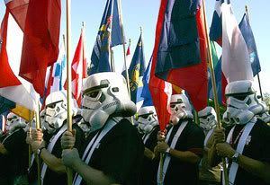 'Star Wars' fans from around the world don stormtrooper helmets as they prepare to march in today's Rose Parade in Pasadena, California.