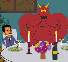 Saddam Hussein dining with his boy Satan in an episode of 'South Park'.