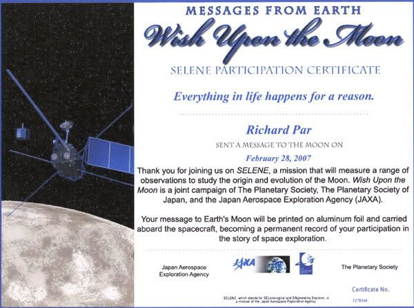 My WISH UPON THE MOON certificate.