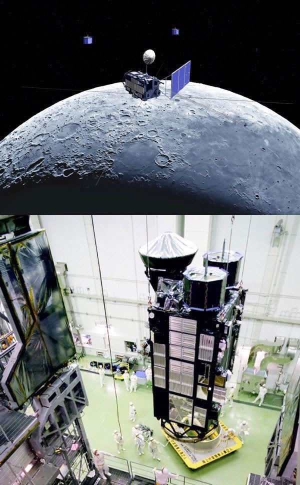 PIC 1: Artist's concept of Kaguya in lunar orbit.  PIC 2: Technicians work on the Kaguya spacecraft in Japan.