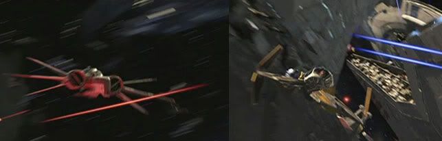 The Clonefighter and the Jedi Starfighter during the Coruscant space battle