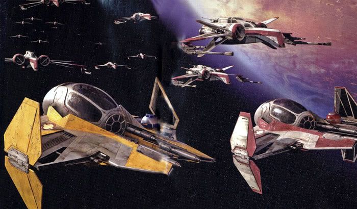 Above Coruscant, a squadron of ARC-170 Clonefighters follow Anakin Skywalker and Obi-Wan Kenobi's Jedi Starfighters into battle.