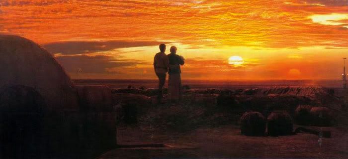 Owen and Beru, with Baby Luke in hand, gaze off into the twin Tatooine sunset in REVENGE OF THE SITH.