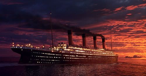 The 'Unsinkable Ship' sails off into its final sunset in the Oscar-winning film TITANIC.