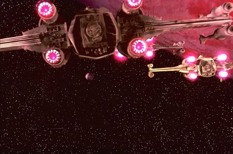 The 1977 version of the X-Wings approaching the Death Star.