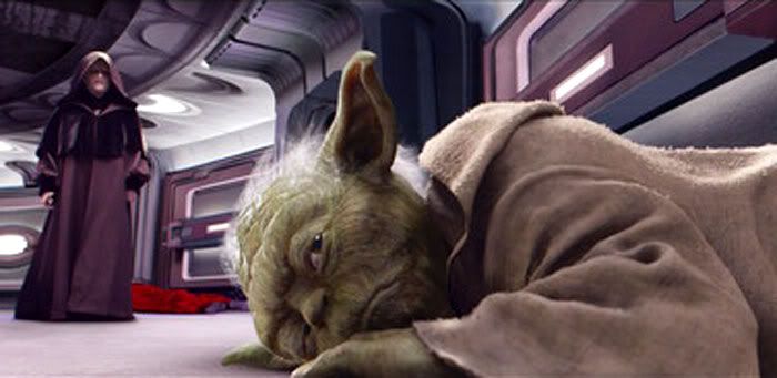 Regaining consciousness, Yoda is moments away from launching a counterattack against Darth Sidious in REVENGE OF THE SITH.