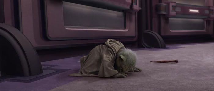 Yoda trying to get up from the ground during his duel with Emperor Palpatine/Darth Sidious.