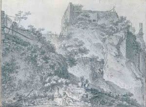 Luis Chaix - Paisaje montañoso con castillo en ruinas y dos figuras