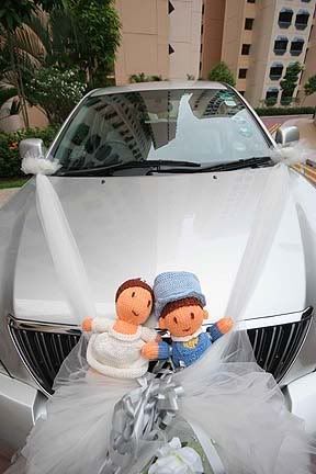 hand knit wedding doll couple on car