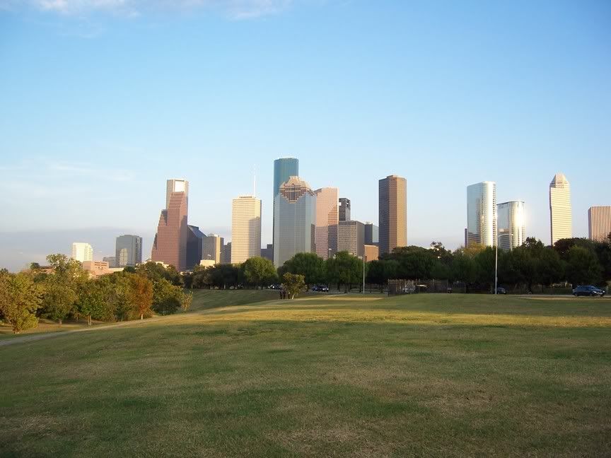 Houston skyline seen from Memorial Drive at Buffalo Bayou