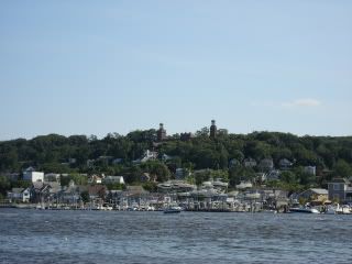 View looking up at Twin Lights from the shoreline