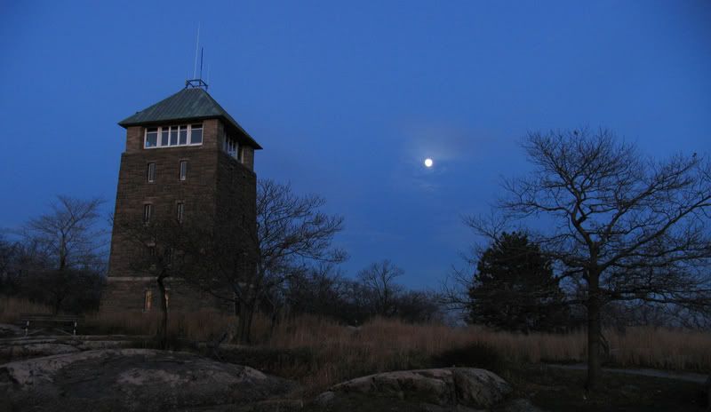 Perkins Memorial Tower under moonlight
